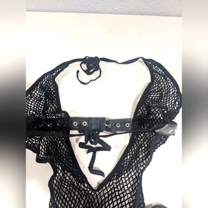 Vintage Rare Adult Fishnet Mesh One Piece Bodysuit Leather Belts Lingerie Goth